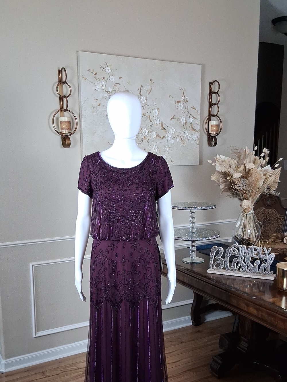 New Adrianna Papell Evening Beaded Dress Plum Floor-Length Short Sleeves Small - Picture 7 of 16